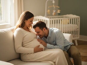 Pais à espera compartilhando um momento carinhoso enquanto o pai fala com a barriga de grávida em um cômodo iluminado pelo sol.