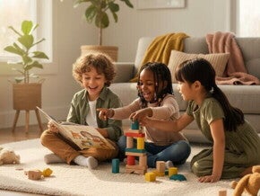 Crianças de diversas etnias brincando juntas, fortalecendo laços e emoções em um ambiente acolhedor.