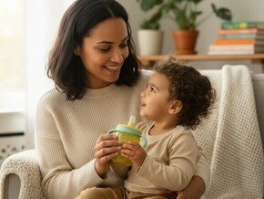 Mãe carinhosa com seu bebê durante desmame gradual, em ambiente doméstico acolhedor.