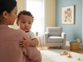 Bebê misto agarrado a um adulto, expressando angústia de separação em ambiente acolhedor e iluminado.