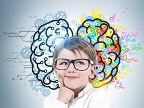 Criança pensativa, usando óculos, com o cérebro dividido em dois hemisférios: um lado com engrenagens e circuitos digitais, e o outro com cores vibrantes e formas artísticas, simbolizando o desenvolvimento cerebral infantil, que abrange lógica e criatividade. Criança pensativa, usando óculos, com o cérebro dividido em dois hemisférios: um lado com engrenagens e circuitos digitais, e o outro com cores vibrantes e formas artísticas, simbolizando o desenvolvimento cerebral infantil, que abrange lógica e criatividade.