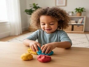 Criança miscigenada sorridente brincando com massinha de modelar caseira em mesa de madeira.