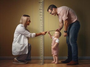 mulher vestindo um jaleco branco avalia o crescimento de bebê na régua de crescimento mulher vestindo um jaleco branco avalia o crescimento de bebê na régua de crescimento