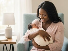 Fotografia de uma mulher sentada em uma poltrona azul clara, segurando delicadamente um bebê envolto em um cobertor de cor creme.