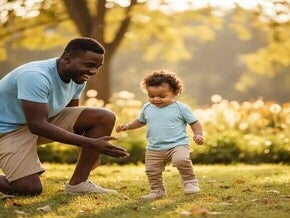 Bebê começando a andar com sapatos confortáveis no parque, sob o olhar carinhoso dos pais.