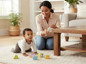 Bebê engatinhando na sala próximo da mesa enquanto a mãe coloca um protetor de quinas 