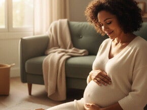Mulher grávida diversificada, sorrindo e acariciando a barriga em um momento de conexão.