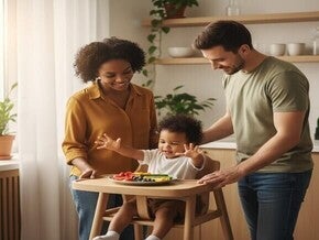 Família diversa com criança pequena e prato saudável de frutas e vegetais em mesa de cozinha iluminada.