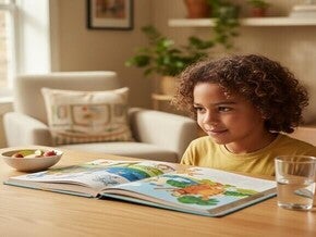 Criança diversa focada lendo um livro, com luz natural, transmitindo concentração e aprendizado.