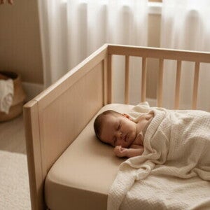 Bebê dormindo calmamente em berço aconchegante com iluminação natural suave."