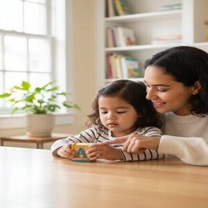 Mãe e filho brincando com blocos de letras em casa, preparando-se para a alfabetização.