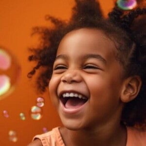 Menina sorrindo alegremente com bolhas de sabão em frente uma parede colorida Menina sorrindo alegremente com bolhas de sabão em frente uma parede colorida
