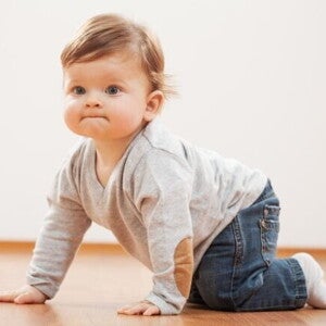 Um bebê engatinhando em um chão de madeira. Ele usa uma blusa cinza com cotoveleiras de camurça marrom e calça jeans. Um bebê engatinhando em um chão de madeira. Ele usa uma blusa cinza com cotoveleiras de camurça marrom e calça jeans.