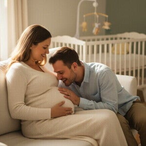 Pais à espera compartilhando um momento carinhoso enquanto o pai fala com a barriga de grávida em um cômodo iluminado pelo sol.