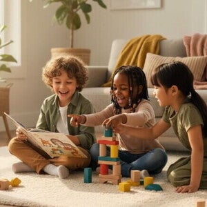 Crianças de diversas etnias brincando juntas, fortalecendo laços e emoções em um ambiente acolhedor.