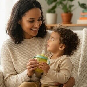 Mãe carinhosa com seu bebê durante desmame gradual, em ambiente doméstico acolhedor.