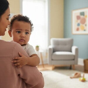 Bebê misto agarrado a um adulto, expressando angústia de separação em ambiente acolhedor e iluminado.