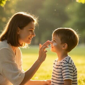 Mãe cuidadosa aplicando protetor solar no rosto do filho ao ar livre em um dia ensolarado.