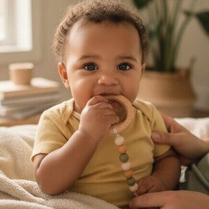 Bebê sentado em uma cama, vestindo uma camisa amarela e levando um mordedor à boca. O fundo inclui uma planta em vaso e uma pilha de livros perto de uma janela, com a mão de uma pessoa apoiando suavemente o bebê.