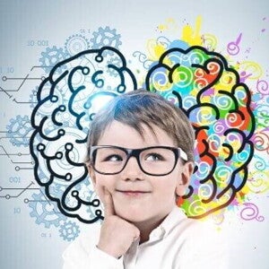 Criança pensativa, usando óculos, com o cérebro dividido em dois hemisférios: um lado com engrenagens e circuitos digitais, e o outro com cores vibrantes e formas artísticas, simbolizando o desenvolvimento cerebral infantil, que abrange lógica e criatividade. Criança pensativa, usando óculos, com o cérebro dividido em dois hemisférios: um lado com engrenagens e circuitos digitais, e o outro com cores vibrantes e formas artísticas, simbolizando o desenvolvimento cerebral infantil, que abrange lógica e criatividade.