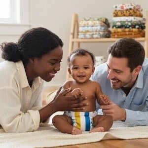 Pai e mãe sorrindo para o bebê que está usando fralda ecológica