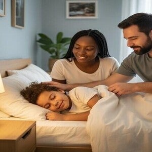 Mãe e pai colocando filho na cama, transmitindo calma e aconchego. Luz cálida. Diversidade familiar.