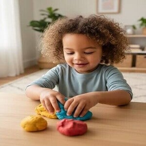 Criança miscigenada sorridente brincando com massinha de modelar caseira em mesa de madeira.