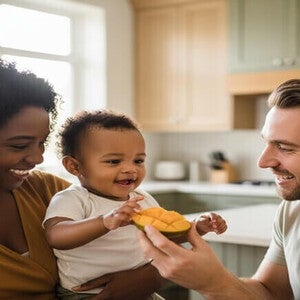 Mãe e pai interagem com bebê sorridente, oferecendo frutas, em ambiente iluminado.