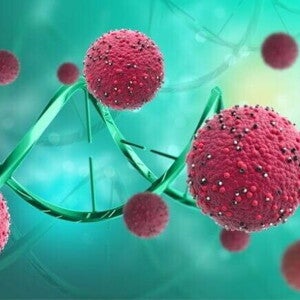 Ilustração digital de células vermelhas próximas a uma hélice de DNA em fundo esverdeado.