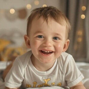 Menino em cima da cama com roupa branca sorrindo Menino em cima da cama com roupa branca sorrindo