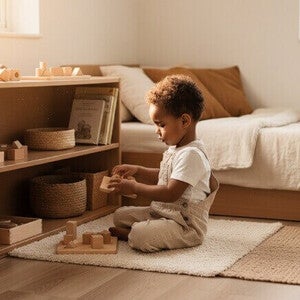 Criança sentada no chão de frente para uma estante de altura baixa brincando com blocos de madeira