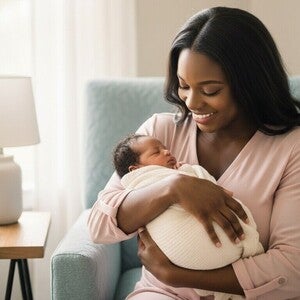 Fotografia de uma mulher sentada em uma poltrona azul clara, segurando delicadamente um bebê envolto em um cobertor de cor creme.