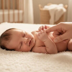 Recém-nascido segurando o dedo de um adulto, demonstrando os reflexos naturais do bebê em ambiente iluminado."