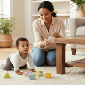 Bebê engatinhando na sala próximo da mesa enquanto a mãe coloca um protetor de quinas 