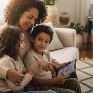 Fotografia de uma mulher e duas crianças sentadas em um sofá branco em uma sala de estar acolhedora, interagindo com um dispositivo tablet exibindo conteúdo colorido.
