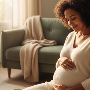 Mulher grávida diversificada, sorrindo e acariciando a barriga em um momento de conexão.