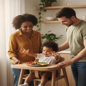 Família diversa com criança pequena e prato saudável de frutas e vegetais em mesa de cozinha iluminada.