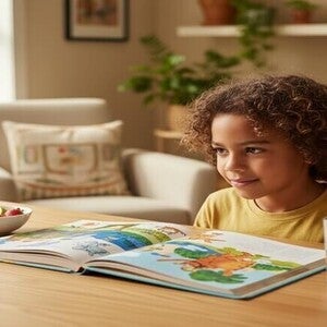 Criança diversa focada lendo um livro, com luz natural, transmitindo concentração e aprendizado.