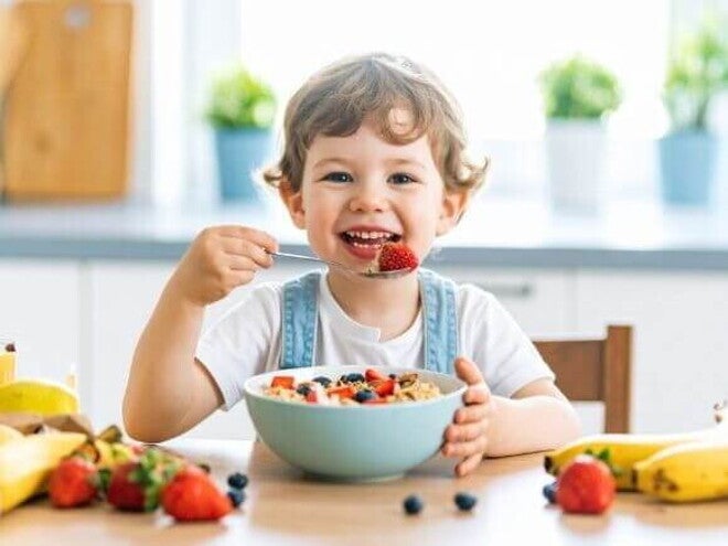 Menino sorridente comendo uma tigela de cereal com morangos e mirtilos na cozinha.