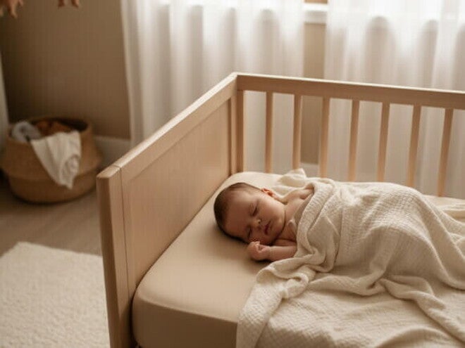 Bebê dormindo calmamente em berço aconchegante com iluminação natural suave.