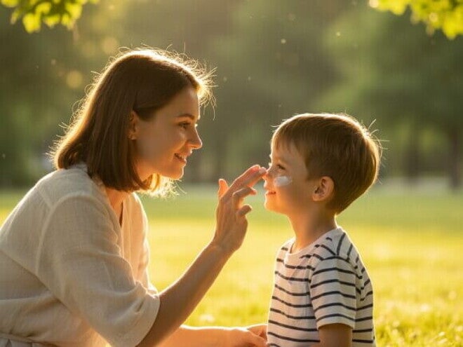 Mãe cuidadosa aplicando protetor solar no rosto do filho ao ar livre em um dia ensolarado.