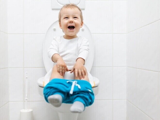 Criança pequena feliz sentada no vaso sanitário, celebrando o sucesso do desfralde.