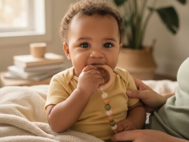 Bebê sentado em uma cama, vestindo uma camisa amarela e levando um mordedor à boca. O fundo inclui uma planta em vaso e uma pilha de livros perto de uma janela, com a mão de uma pessoa apoiando suavemente o bebê.