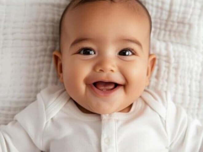 Bebê usando roupa branca em cima de um edredom sorrindo Bebê usando roupa branca em cima de um edredom sorrindo