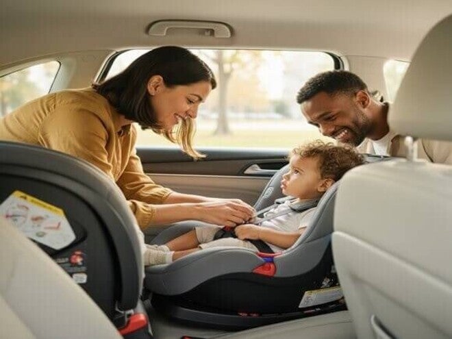 Pais assegurando a cadeirinha de um filho pequeno no carro, focando na segurança infantil.