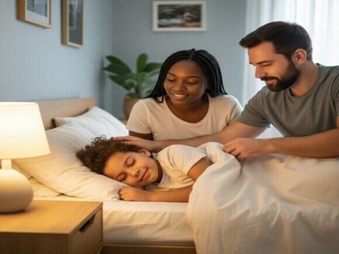 Mãe e pai colocando filho na cama, transmitindo calma e aconchego. Luz cálida. Diversidade familiar.