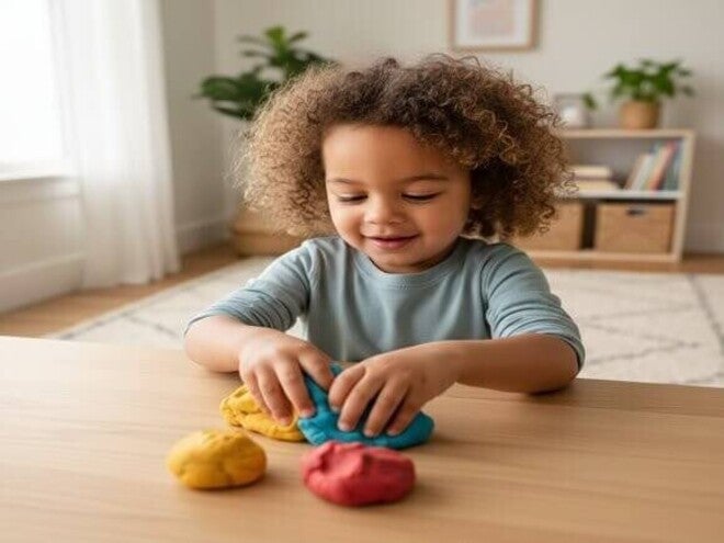 Criança miscigenada sorridente brincando com massinha de modelar caseira em mesa de madeira.