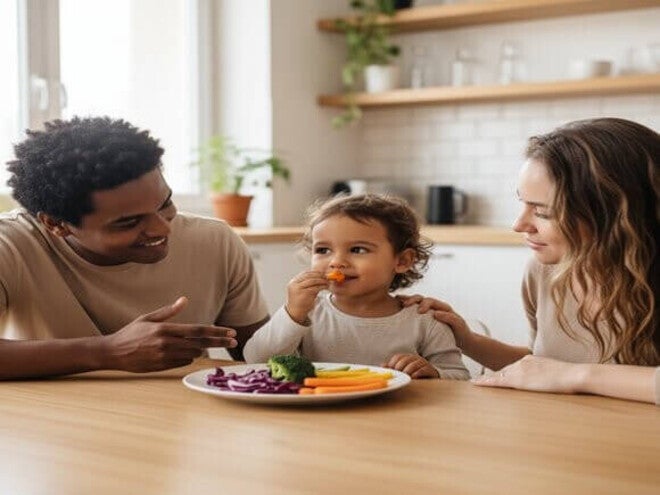 Criança brasileira de 4 anos experimentando novos legumes com os pais na cozinha.