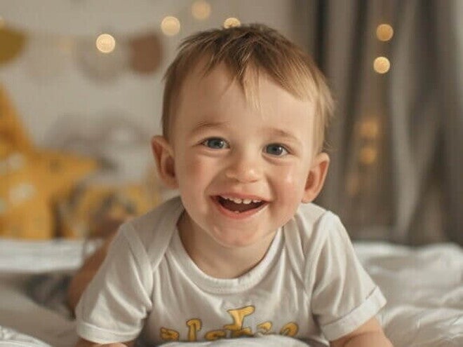 Menino em cima da cama com roupa branca sorrindo Menino em cima da cama com roupa branca sorrindo