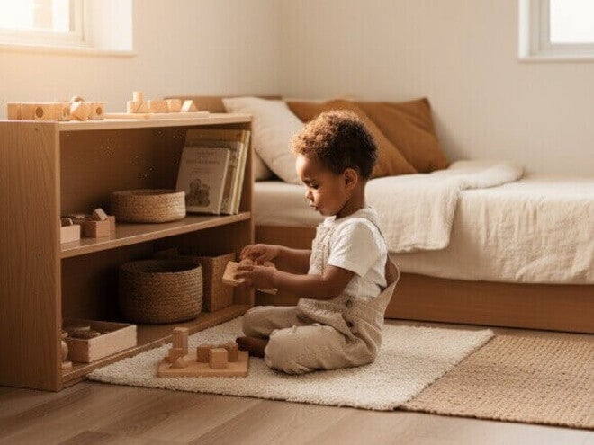 Criança sentada no chão de frente para uma estante de altura baixa brincando com blocos de madeira